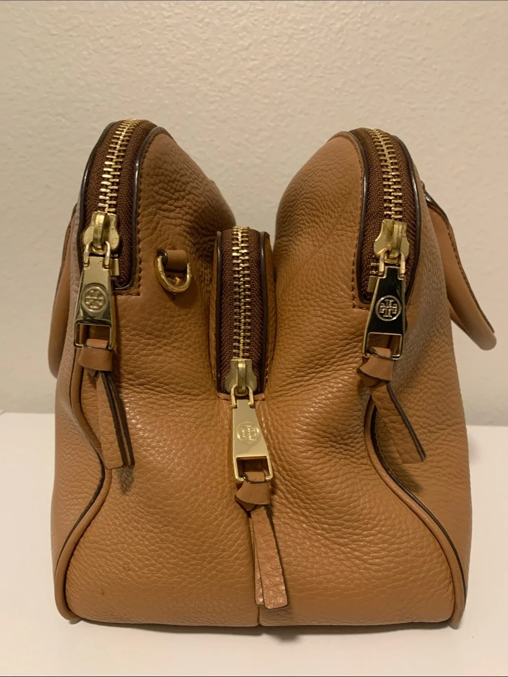 Tory Burch Robinson Camel Brown Pebbled Leather Satchel with Gold Logo